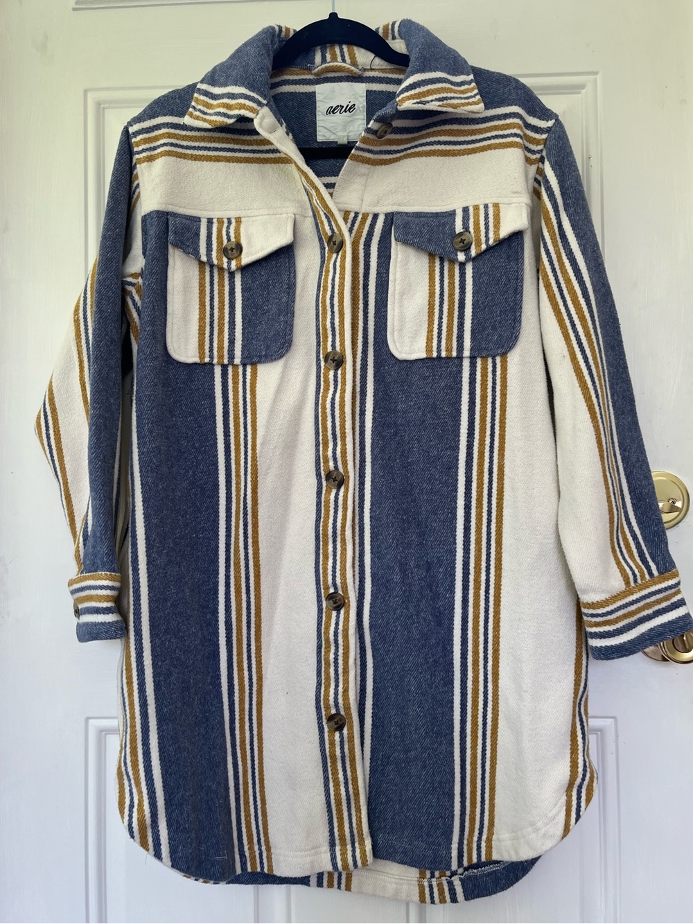 aerie Small Striped Button-Up Shacket in Blue, Cream & Mustard Plaid Heavyweight